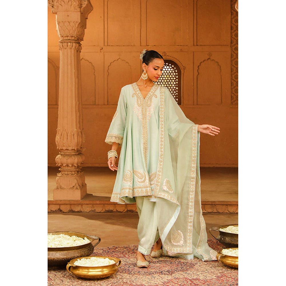 Sheetal Batra Misty Green Short Anarkali Kurta With Churidar And Dupatta