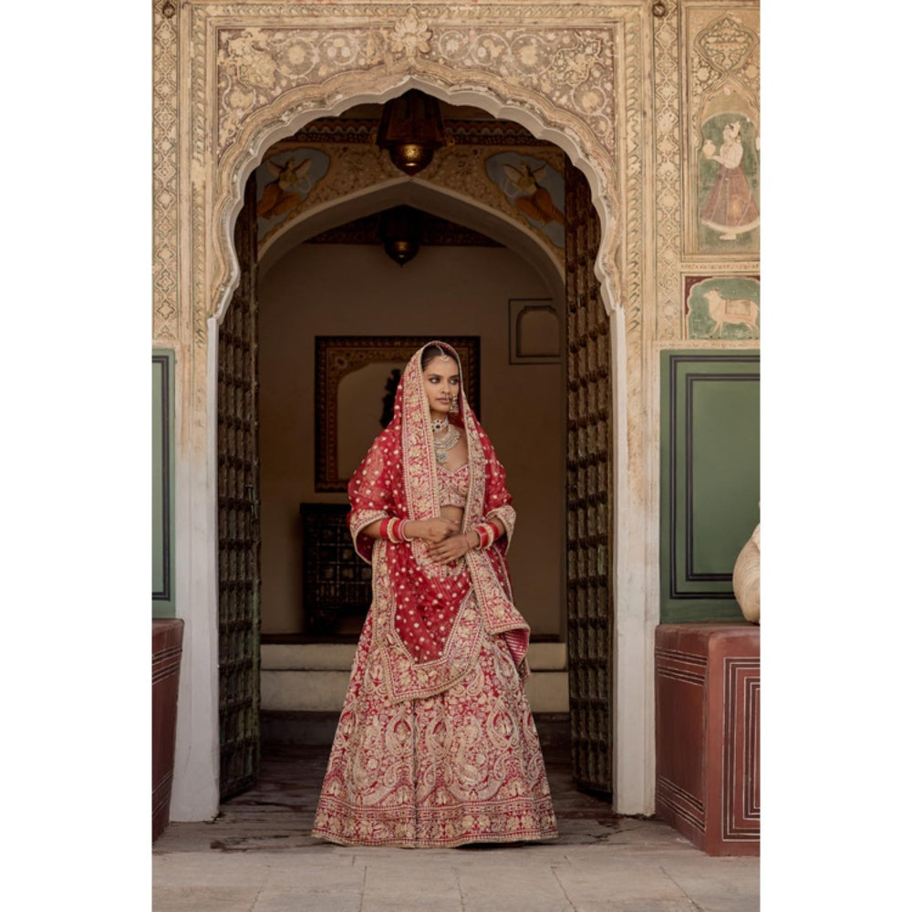 Sheetal Batra Sanaa Raw Silk Red Bridal Lehenga With Blouse And Dupatta Set
