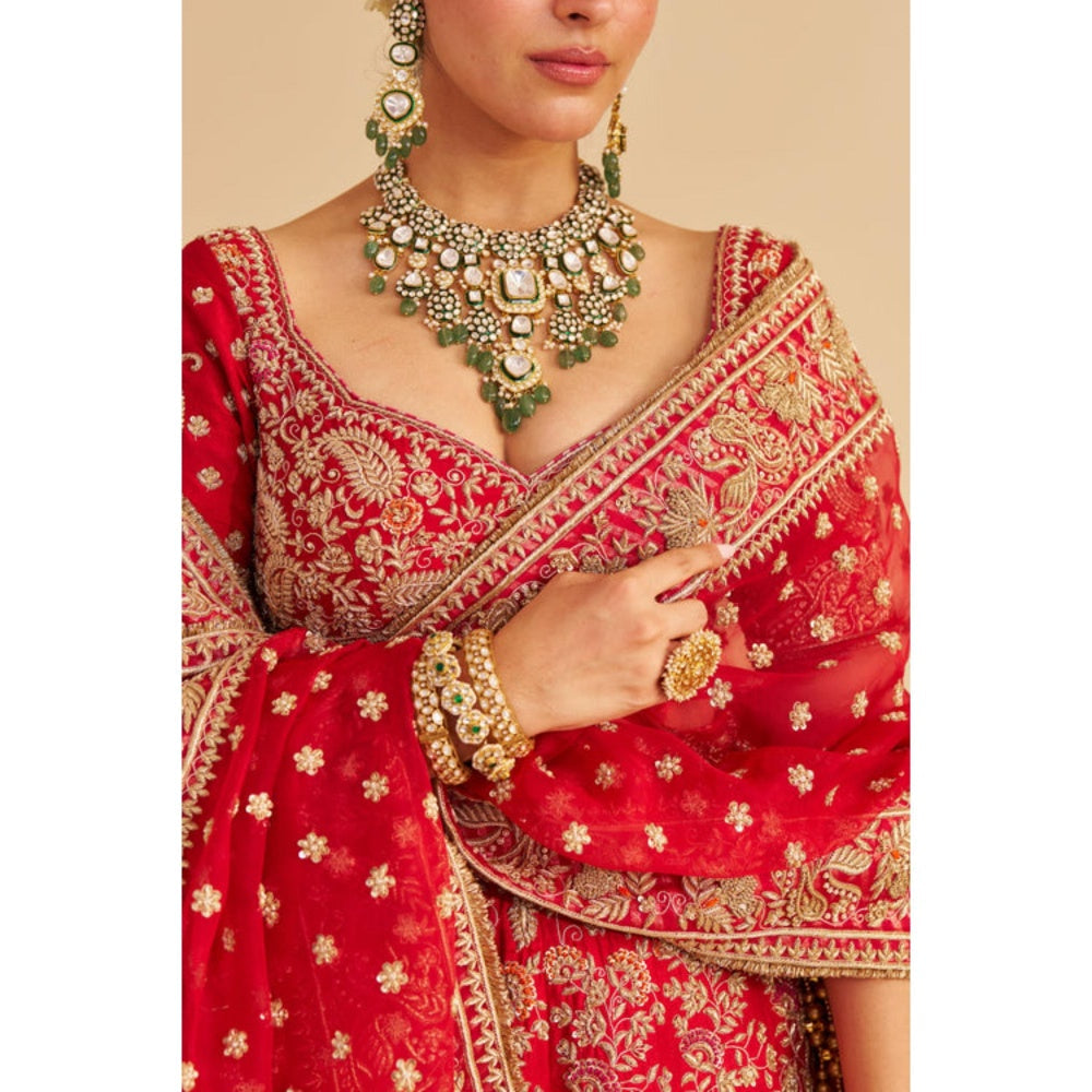 Sheetal Batra Sanaa Raw Silk Red Bridal Lehenga With Blouse And Dupatta Set