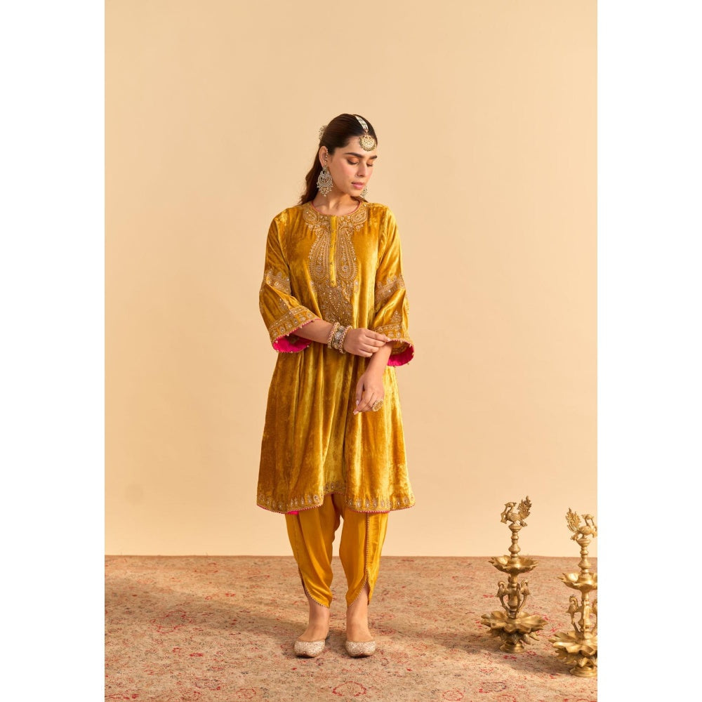 Sheetal Batra Amal Mustard Velvet Embroidered Kurta With Dhoti and Dupatta