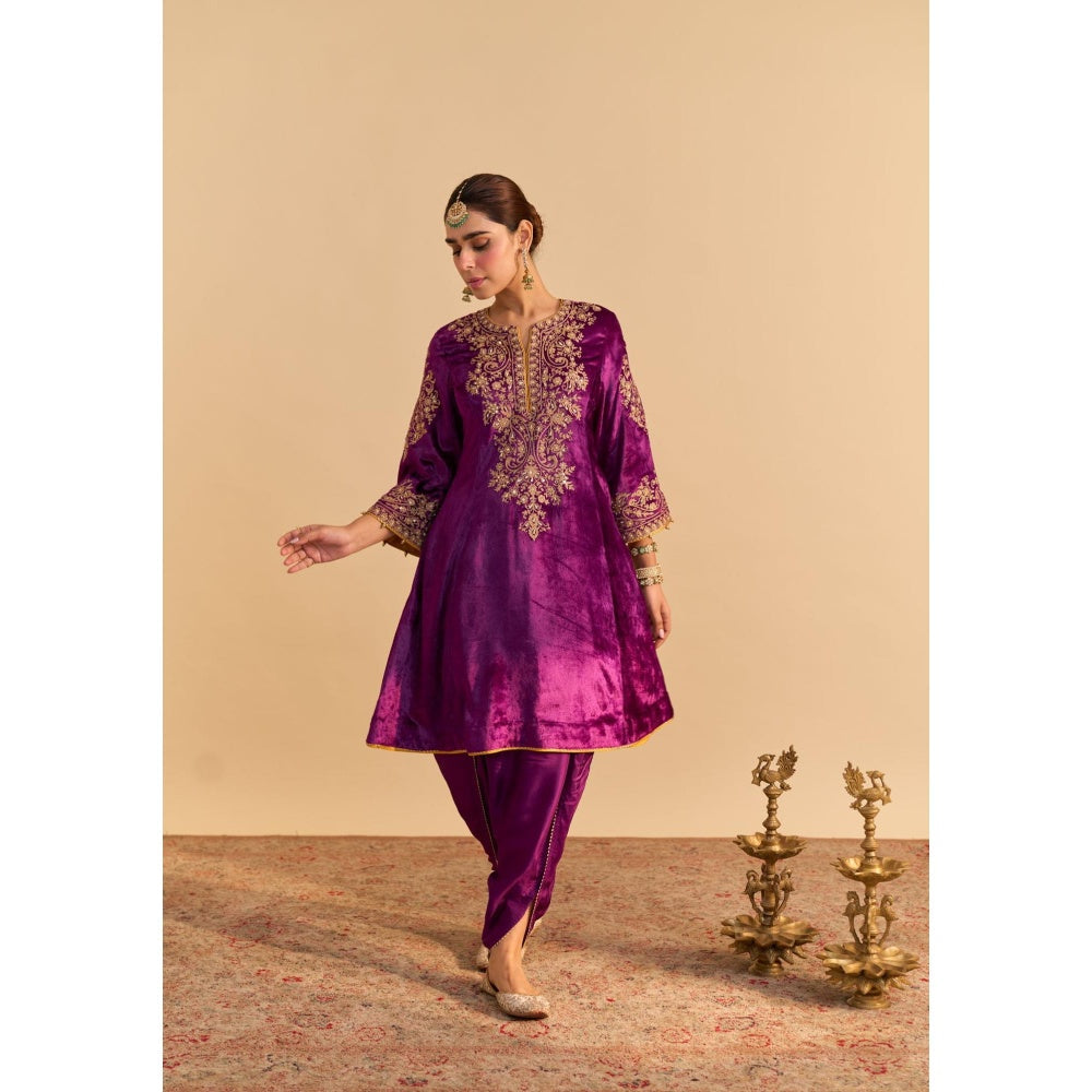 Sheetal Batra Eira Purple Velvet Embroidered Kurta With Dhoti and Dupatta