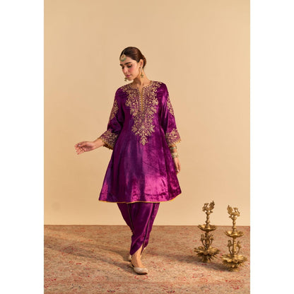 Sheetal Batra Eira Purple Velvet Embroidered Kurta With Dhoti and Dupatta