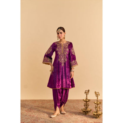 Sheetal Batra Eira Purple Velvet Embroidered Kurta With Dhoti and Dupatta