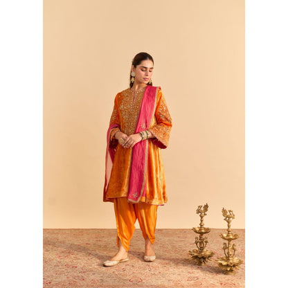 Sheetal Batra Eira Orange Velvet Embroidered Kurta With Dhoti and Dupatta