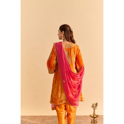 Sheetal Batra Eira Orange Velvet Embroidered Kurta With Dhoti and Dupatta