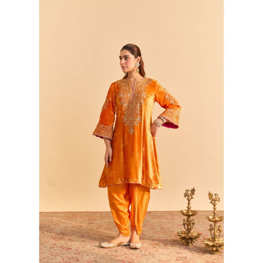 Sheetal Batra Eira Orange Velvet Embroidered Kurta With Dhoti and Dupatta