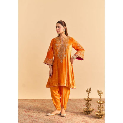Sheetal Batra Eira Orange Velvet Embroidered Kurta With Dhoti and Dupatta