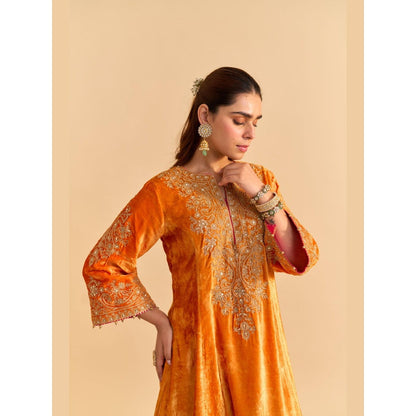 Sheetal Batra Eira Orange Velvet Embroidered Kurta With Dhoti and Dupatta