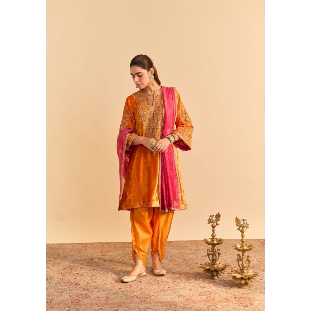 Sheetal Batra Eira Orange Velvet Embroidered Kurta With Dhoti and Dupatta