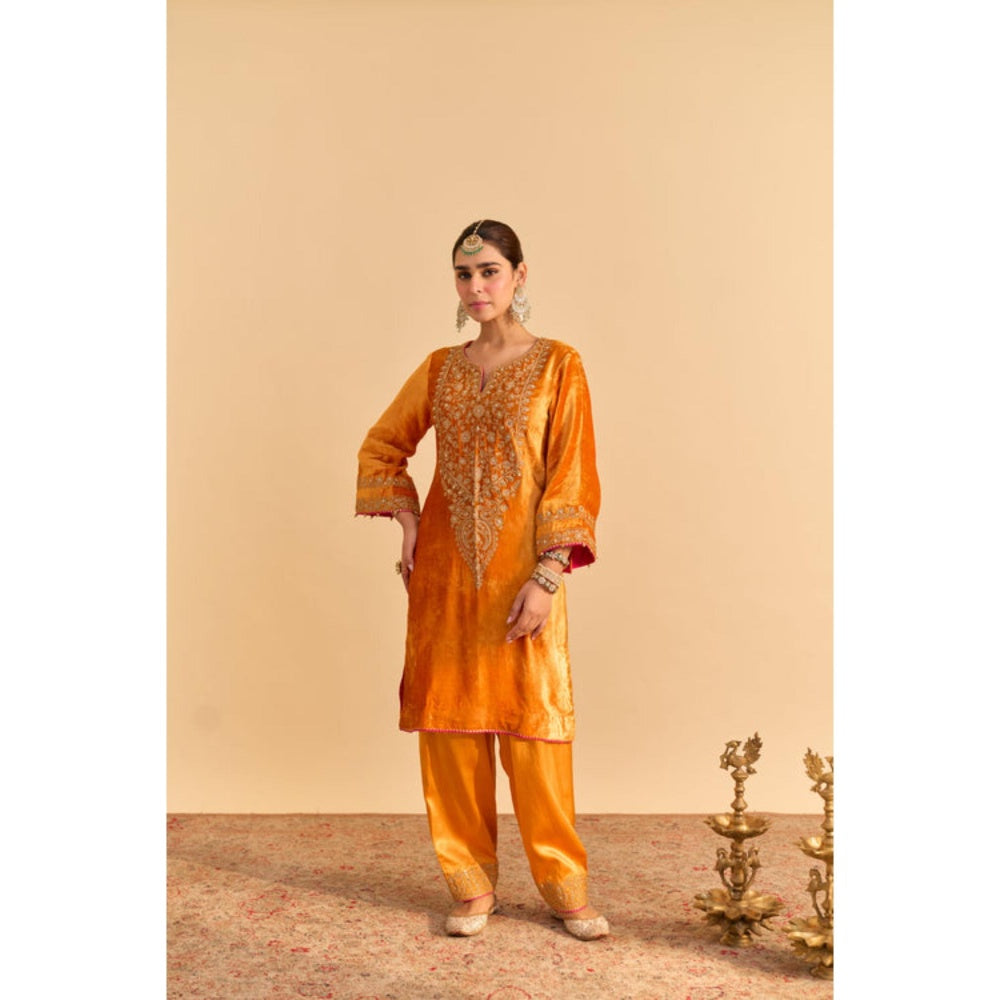 Sheetal Batra Fareeha Orange Velvet Embroidered Kurta With Salwar and Dupatta