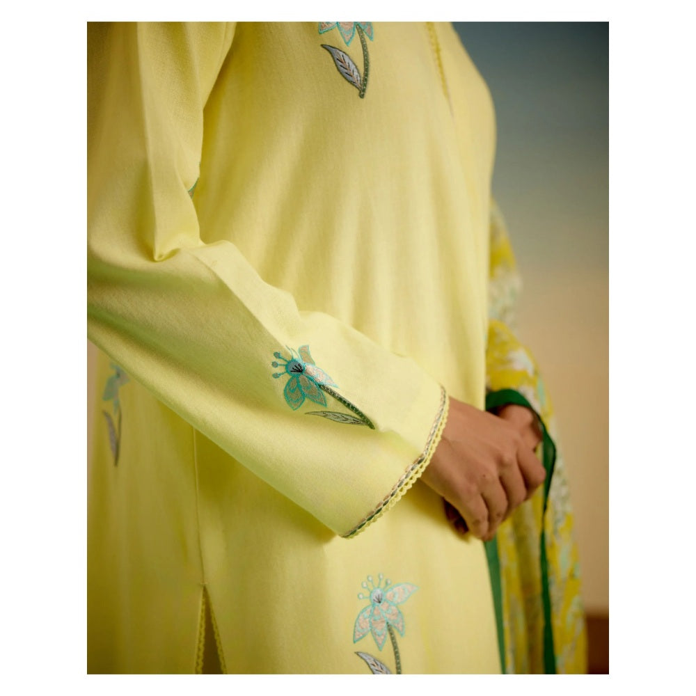 Shetab Kazmi Rosette Yellow Kurta with Palazzo and Dupatta (Set of 3)