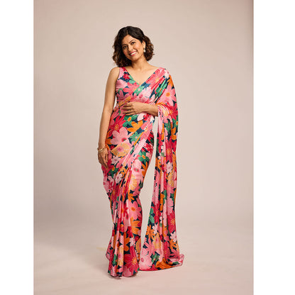 Shibui Rhythm Mosaic Pink Print Saree with Unstitched Blouse