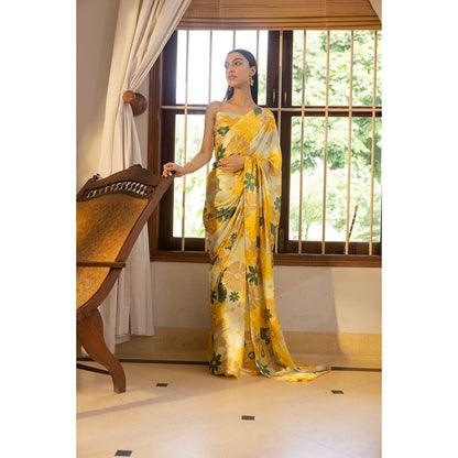 Shibui Rhythm Mosaic Yellow Print Saree with Unstitched Blouse