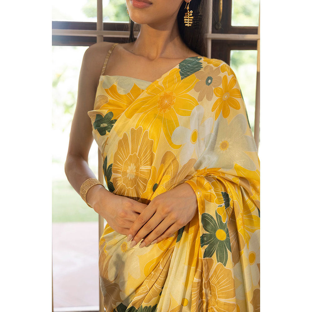 Shibui Rhythm Mosaic Yellow Print Saree with Unstitched Blouse