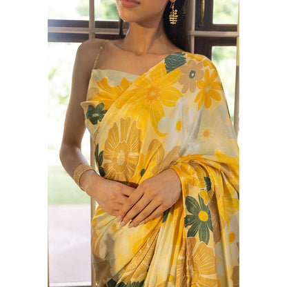 Shibui Rhythm Mosaic Yellow Print Saree with Unstitched Blouse