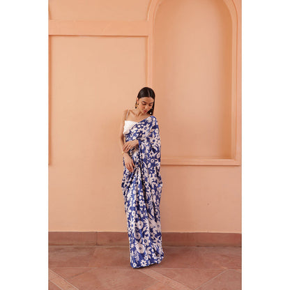 Shibui Rhythm Oasis Blue Print Saree with Unstitched Blouse