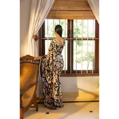 Shibui Rhythm Oasis Green Print Saree with Unstitched Blouse