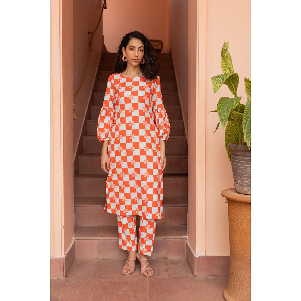 Shibui Bloom Peach Checks Kurta and Pant (Set of 2)