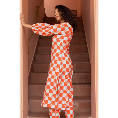 Shibui Bloom Peach Checks Kurta and Pant (Set of 2)
