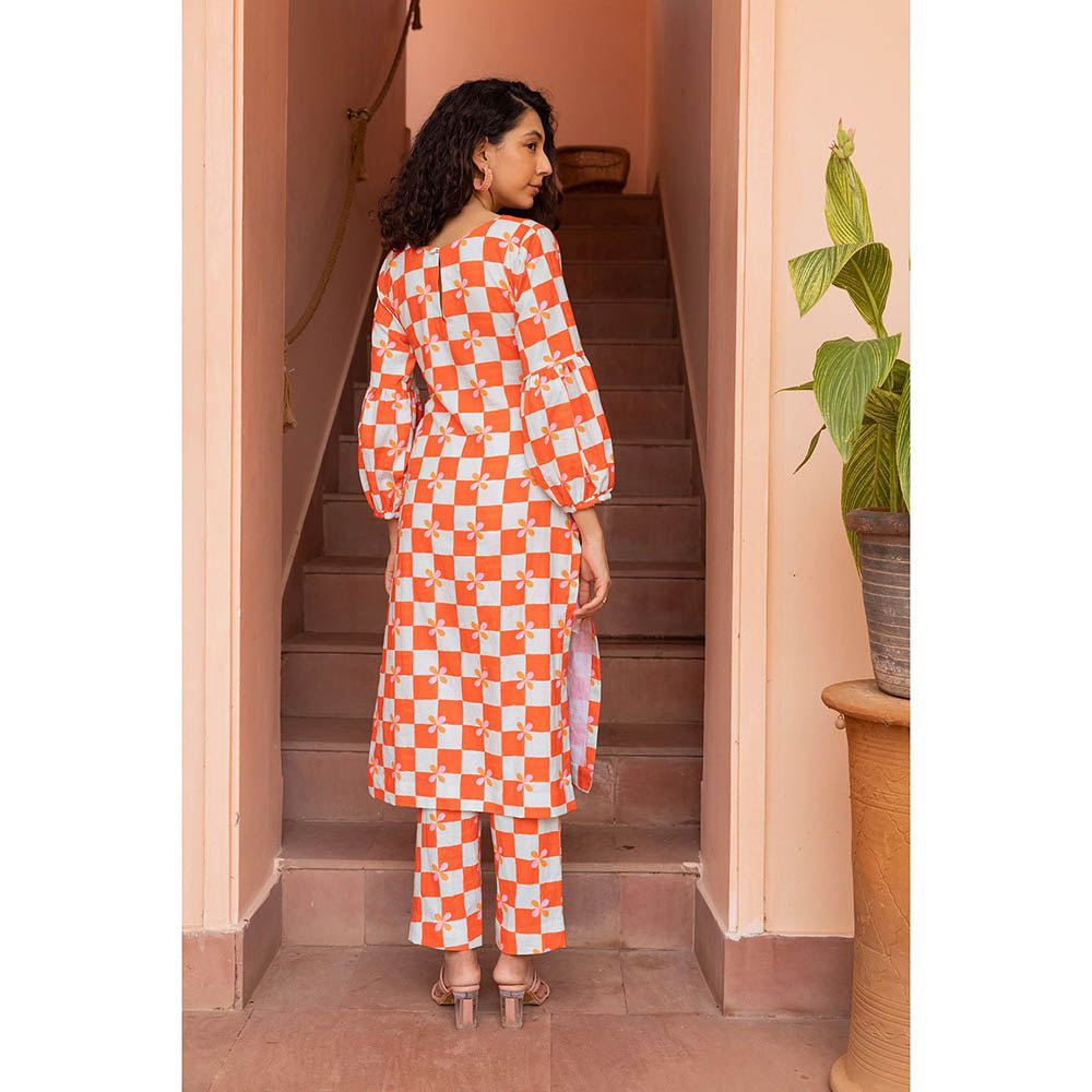 Shibui Bloom Peach Checks Kurta and Pant (Set of 2)
