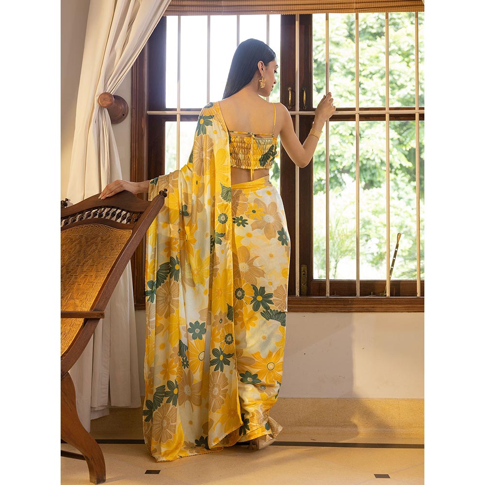 Shibui Rhythm Mosaic Yellow Print Saree with Stitched Blouse