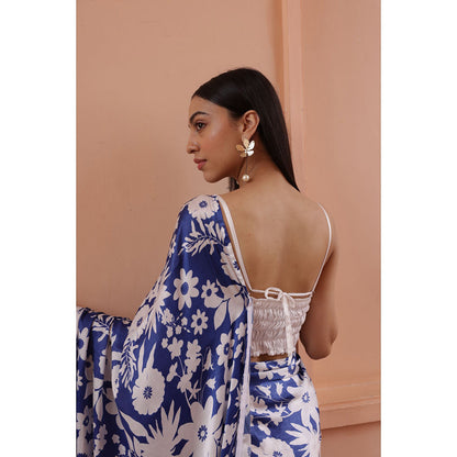 Shibui Rhythm Oasis Blue Print Saree with Stitched Blouse