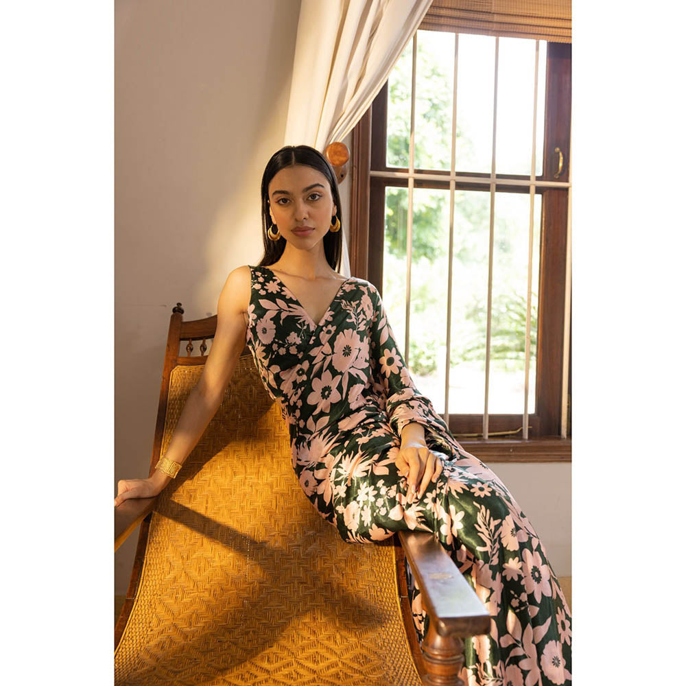 Shibui Rhythm Oasis Green Print Saree with Stitched Blouse