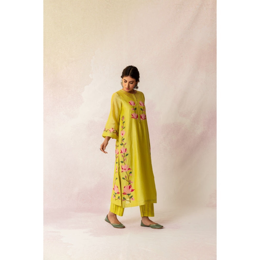Shivani Bhargava Bahaar Yellow Chanderi Floral Kali Kurta (Set of 3)