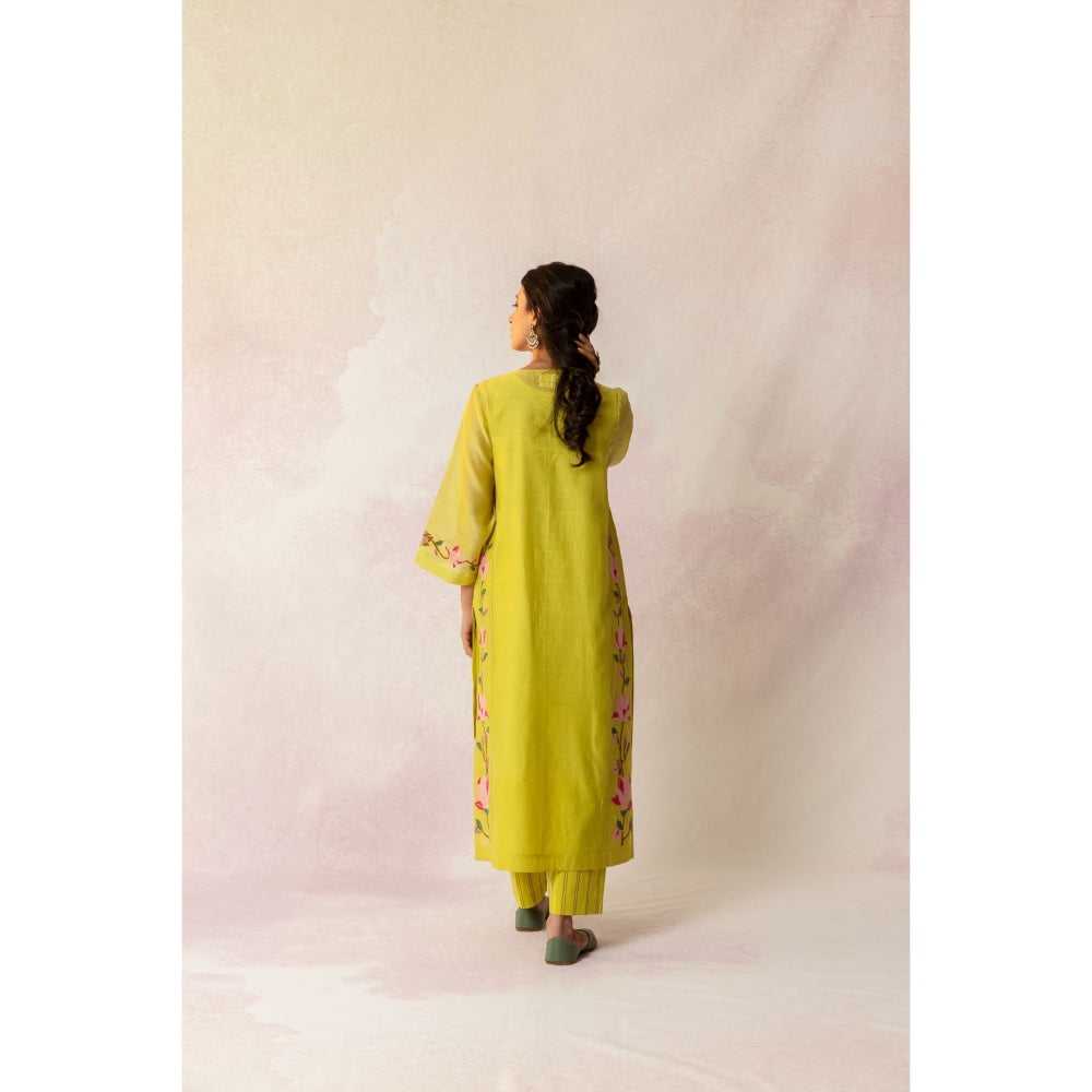 Shivani Bhargava Bahaar Yellow Chanderi Floral Kali Kurta (Set of 3)