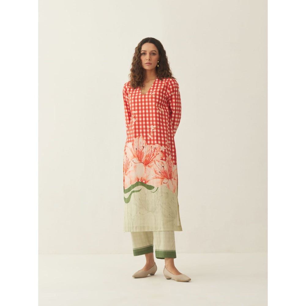 Shivani Bhargava Red Cotton Gingham Checks and Floral Mix Co-ord (Set of 2)