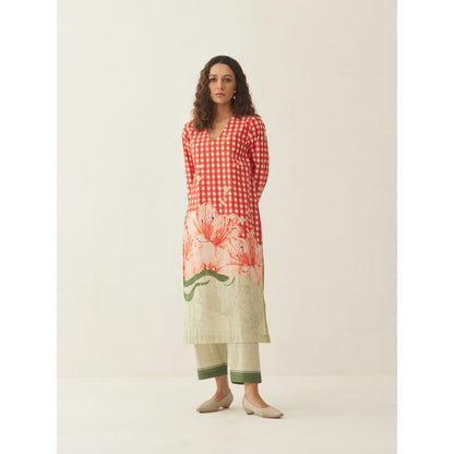 Shivani Bhargava Red Cotton Gingham Checks and Floral Mix Co-ord (Set of 2)