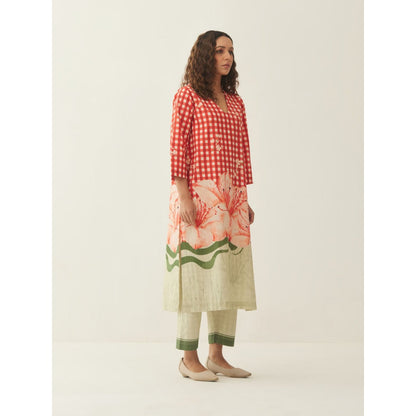 Shivani Bhargava Red Cotton Gingham Checks and Floral Mix Co-ord (Set of 2)