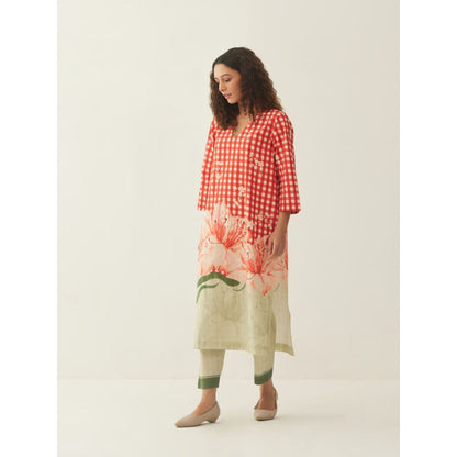 Shivani Bhargava Red Cotton Gingham Checks and Floral Mix Co-ord (Set of 2)