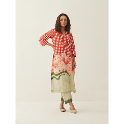 Shivani Bhargava Red Cotton Gingham Checks and Floral Mix Co-ord (Set of 2)
