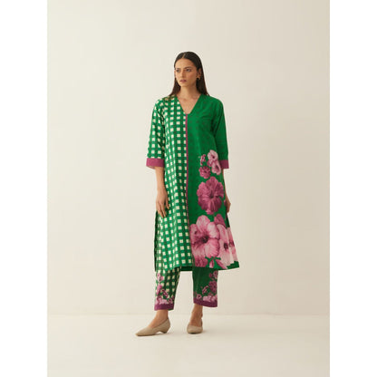 Shivani Bhargava Green Cotton Gingham Checks and Floral Mix Co-ord (Set of 2)