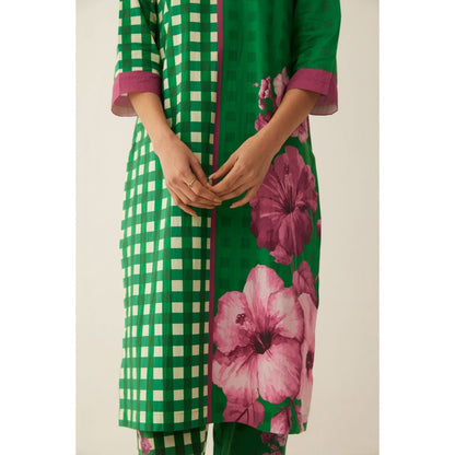 Shivani Bhargava Green Cotton Gingham Checks and Floral Mix Co-ord (Set of 2)
