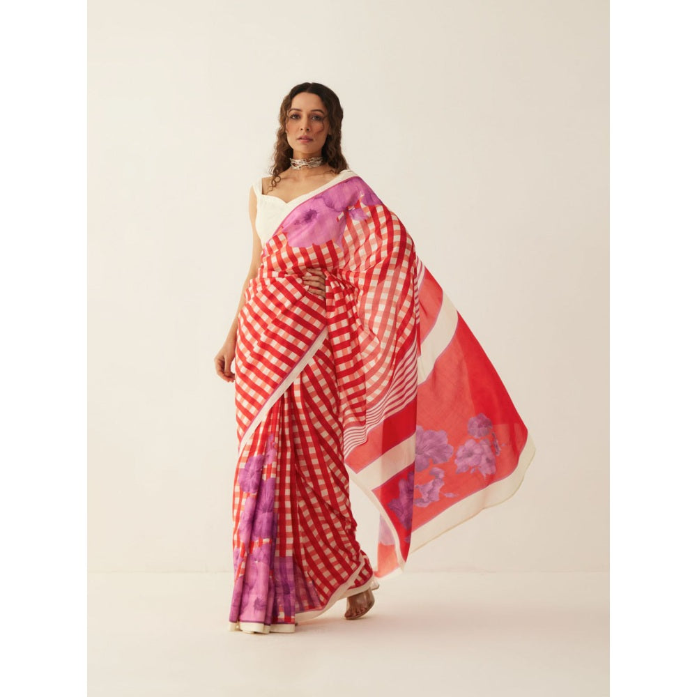 Shivani Bhargava Red and Off-white Gingham Checks Floral Mix Silk Saree with Stitched Blouse