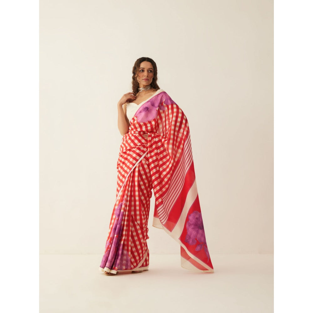 Shivani Bhargava Red and Off-white Gingham Checks Floral Mix Silk Saree with Stitched Blouse