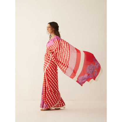 Shivani Bhargava Red and Off-white Gingham Checks Floral Mix Silk Saree with Stitched Blouse