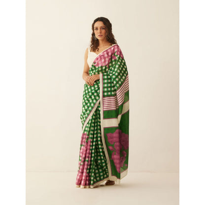 Shivani Bhargava Green and Off-White Gingham Checks Floral Mix Silk Saree with Stitched Blouse