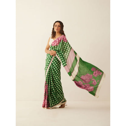 Shivani Bhargava Green and Off-White Gingham Checks Floral Mix Silk Saree with Stitched Blouse