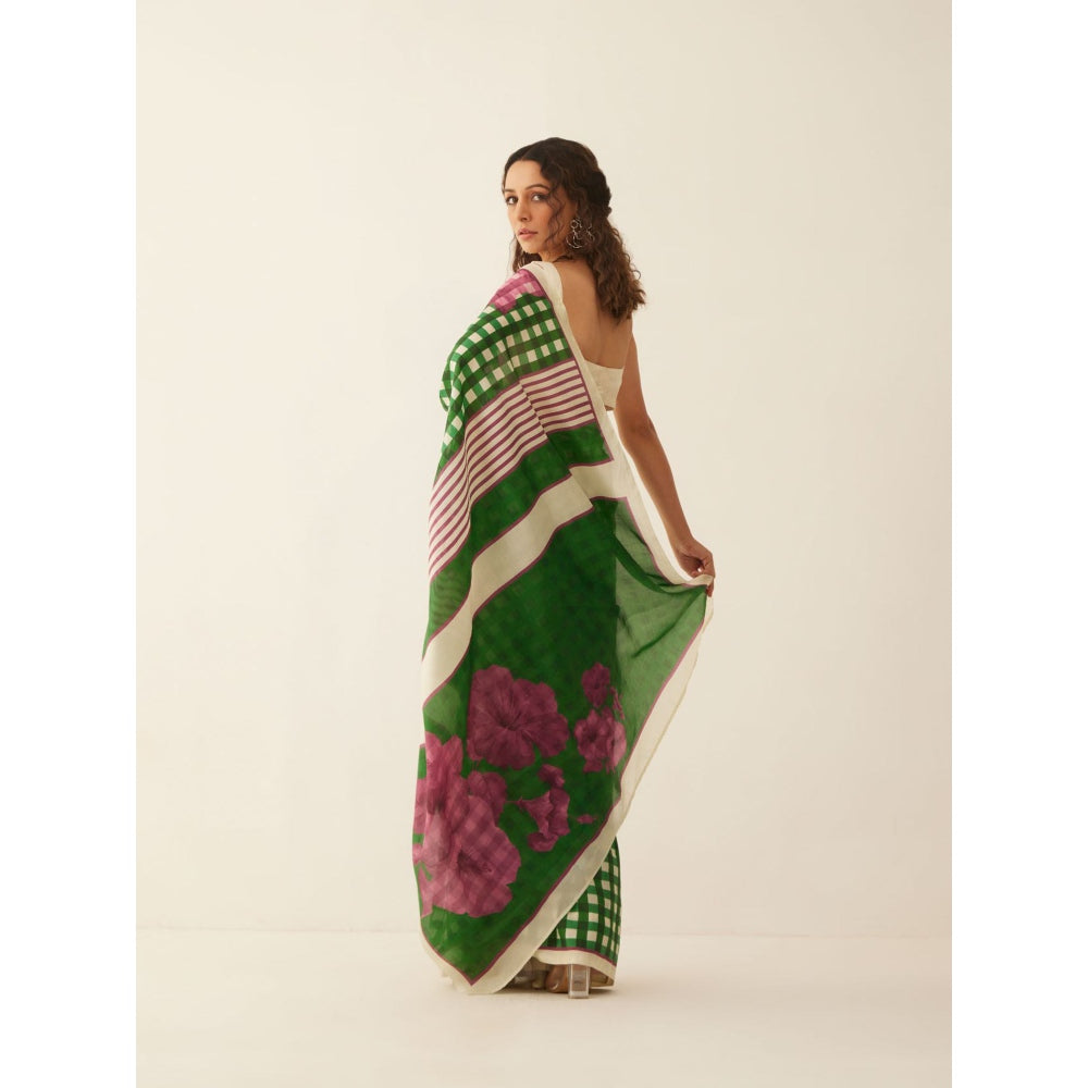 Shivani Bhargava Green and Off-White Gingham Checks Floral Mix Silk Saree with Stitched Blouse