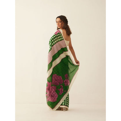 Shivani Bhargava Green and Off-White Gingham Checks Floral Mix Silk Saree with Stitched Blouse