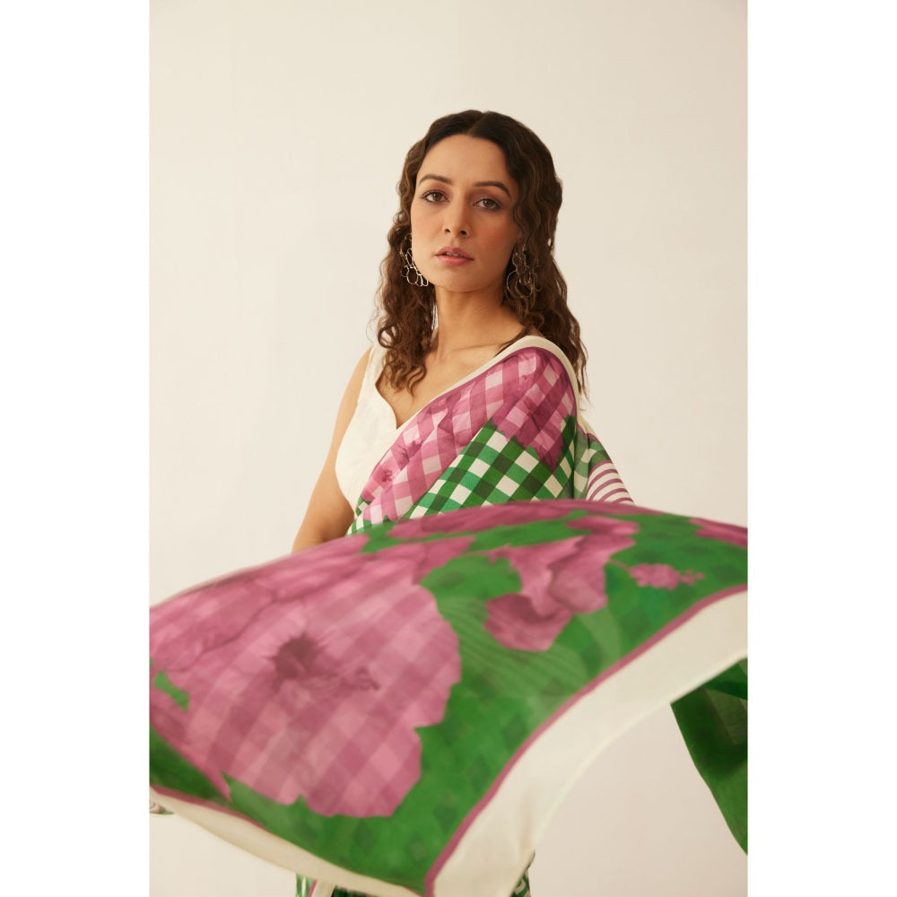 Shivani Bhargava Green and Off-White Gingham Checks Floral Mix Silk Saree with Stitched Blouse