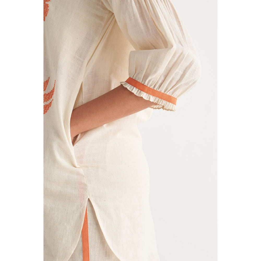 Shivani Bhargava Orange Florence Cross-Stitch Off-White Co-Ord (Set of 2)