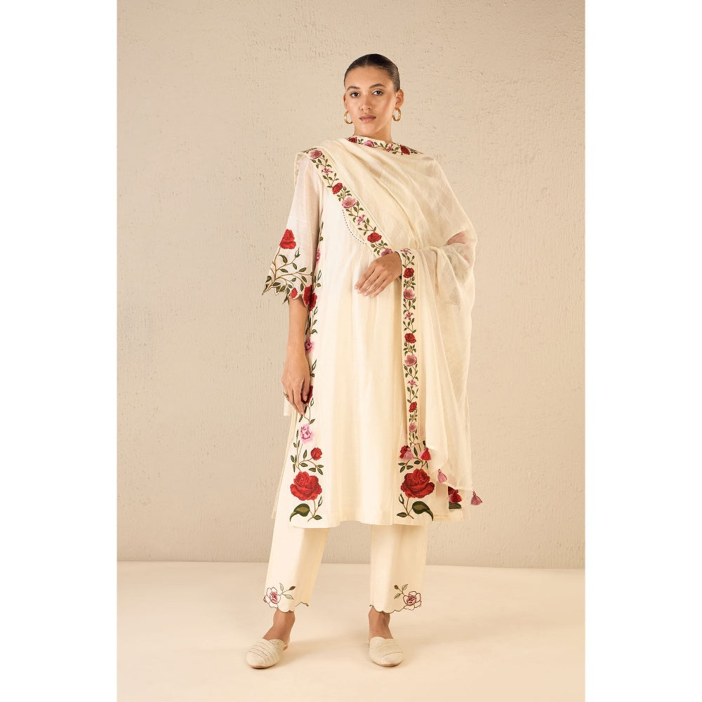 Shivani Bhargava Rose Shine Ivory Embroidered Kali Kurta with Pant and Dupatta (Set of 3)