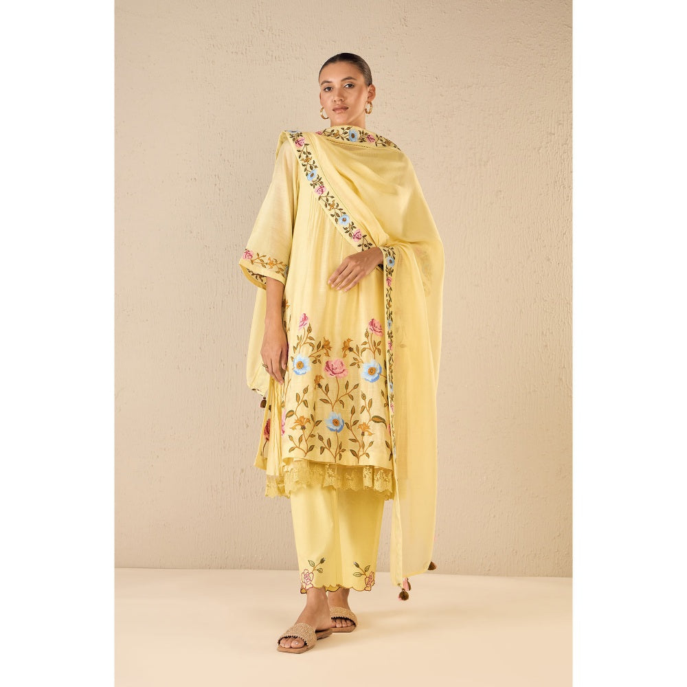 Shivani Bhargava Yellow Floral Embroidery Kurta with Pant and Dupatta (Set of 3)