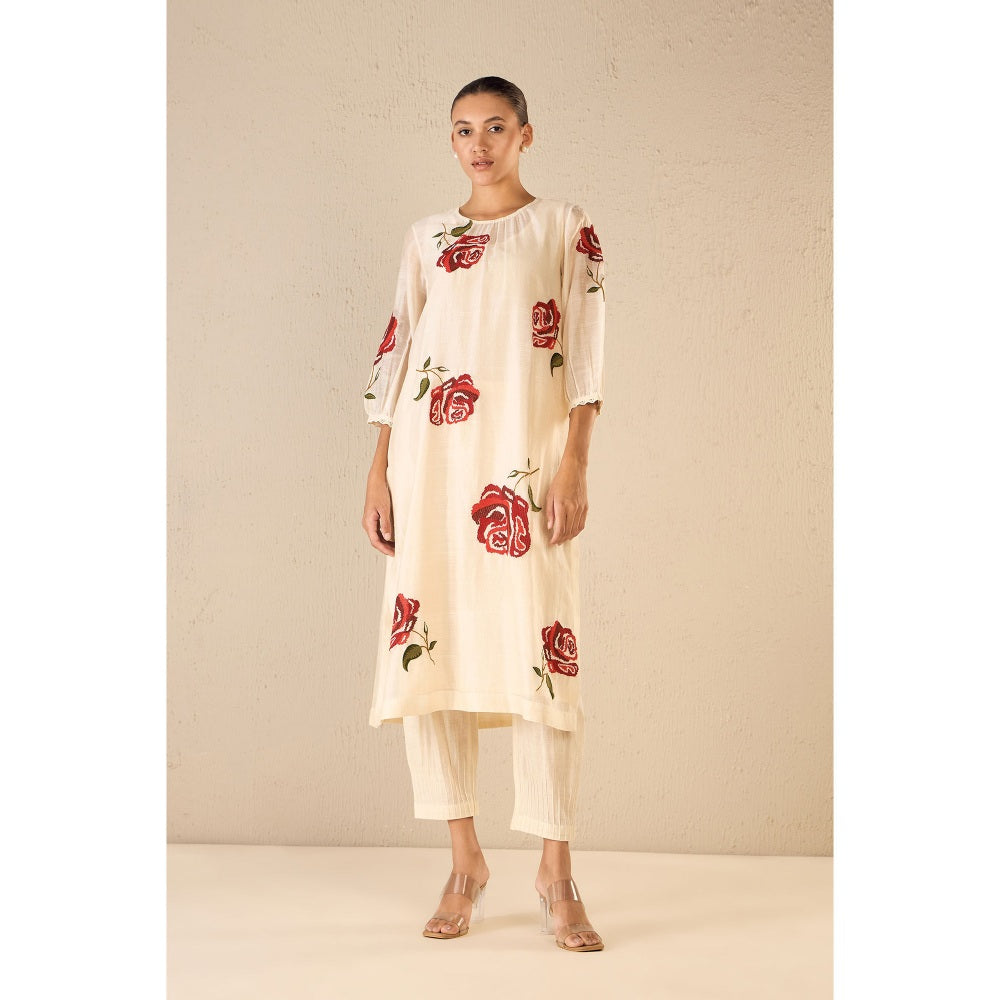 Shivani Bhargava Ivory Embroidery Rose Kurta with Pant (Set of 2)