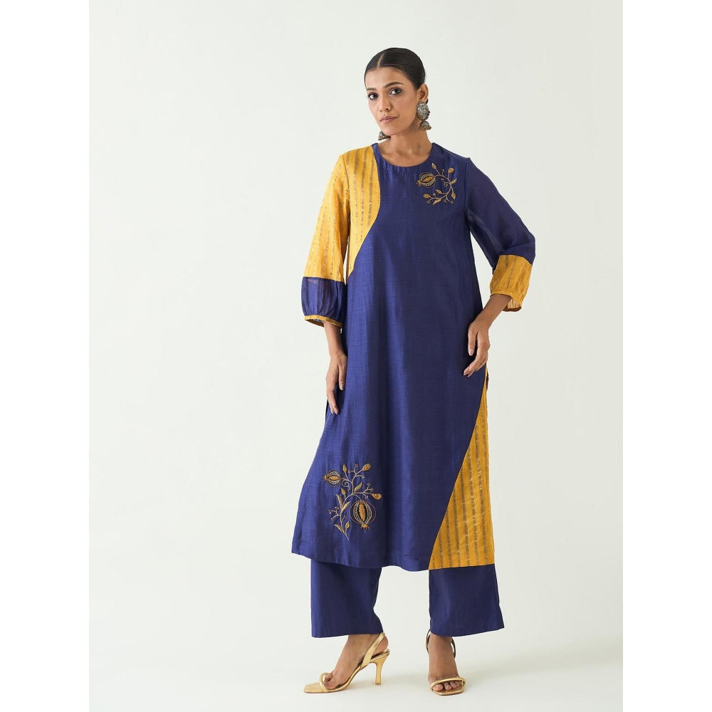 Shivani Bhargava Blue Mohini Straight Cotton Silk Kurta with Pant and Dupatta (Set of 3)