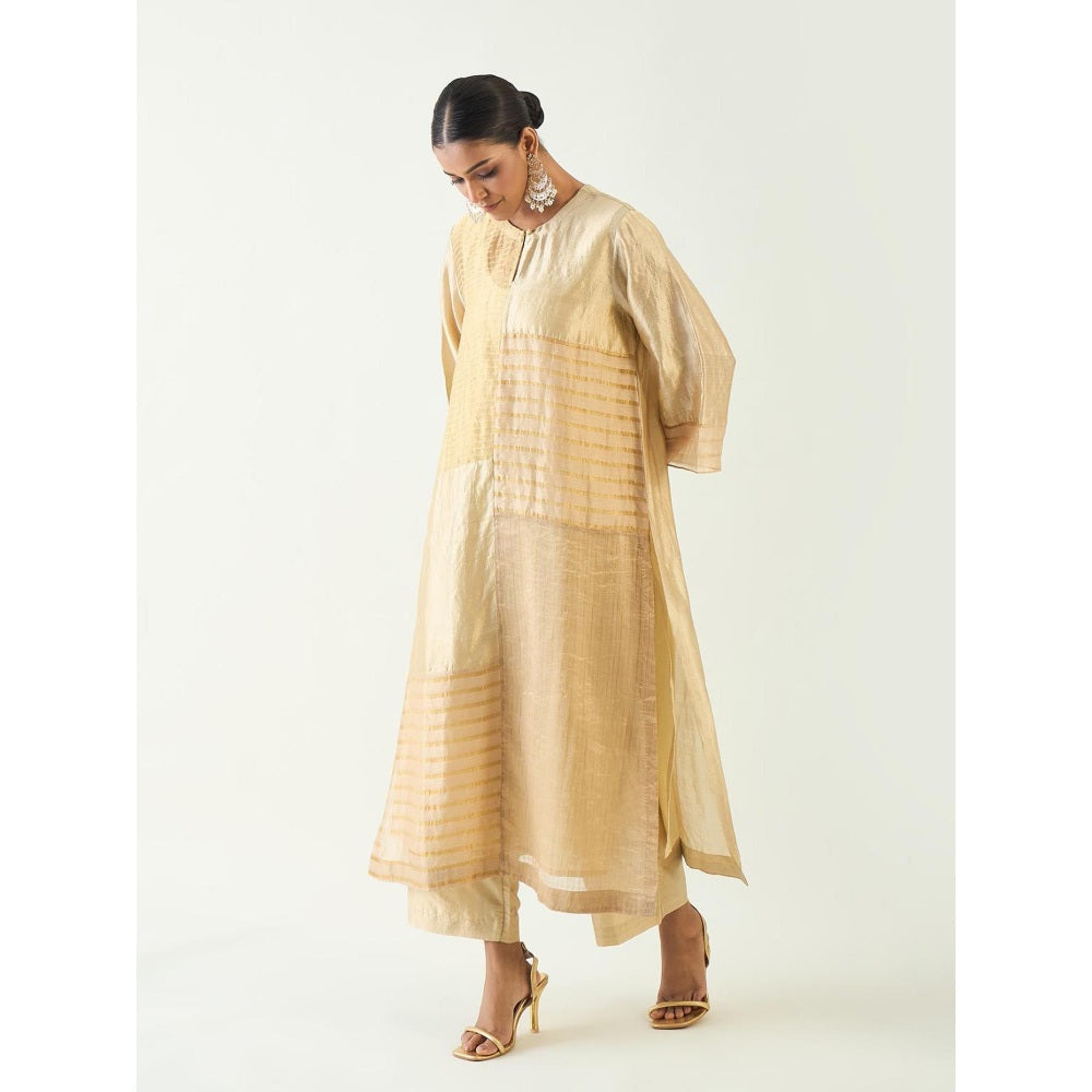 Shivani Bhargava Beige Kaya Zari Stripe and Silk Patch Kurta with Pant (Set of 2)
